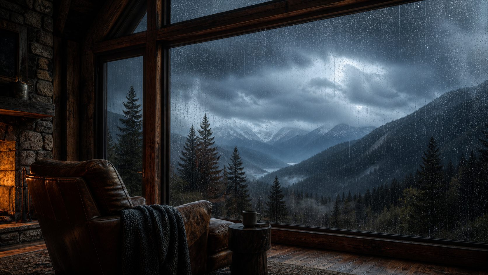 Sheltered room looking out into heavy rain