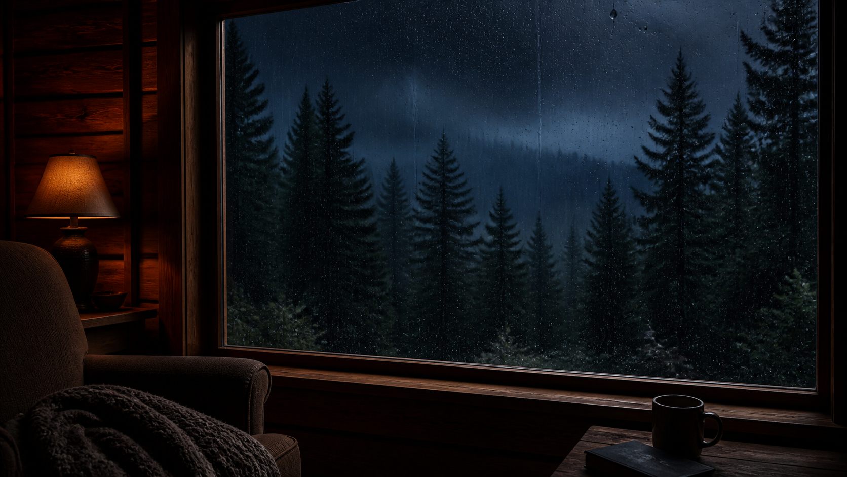 Warm cabin beside a rainy forest