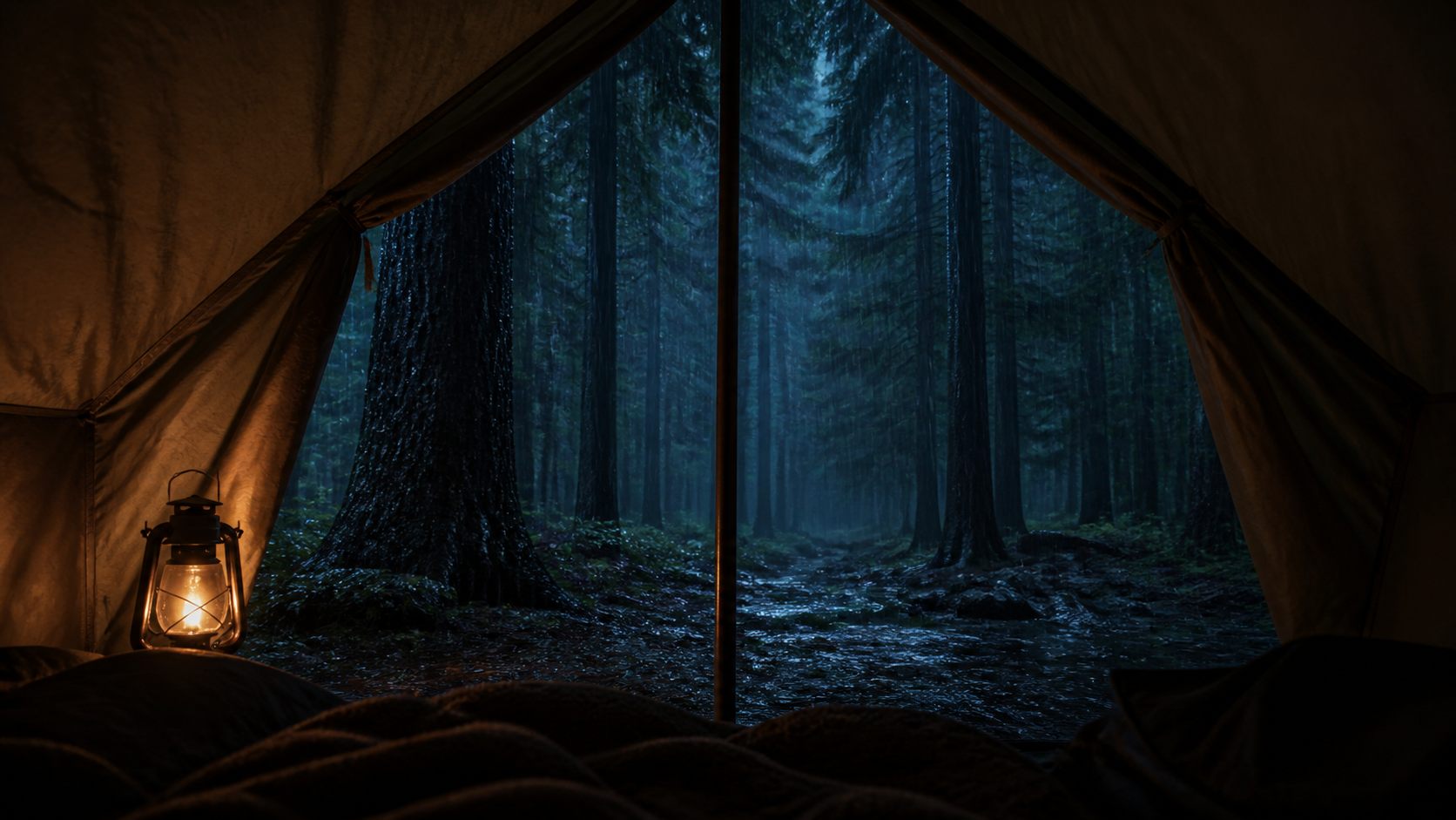 Warm forest tent in deep rain