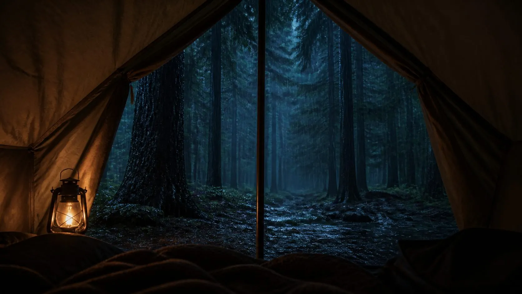 Warm forest tent in deep rain
