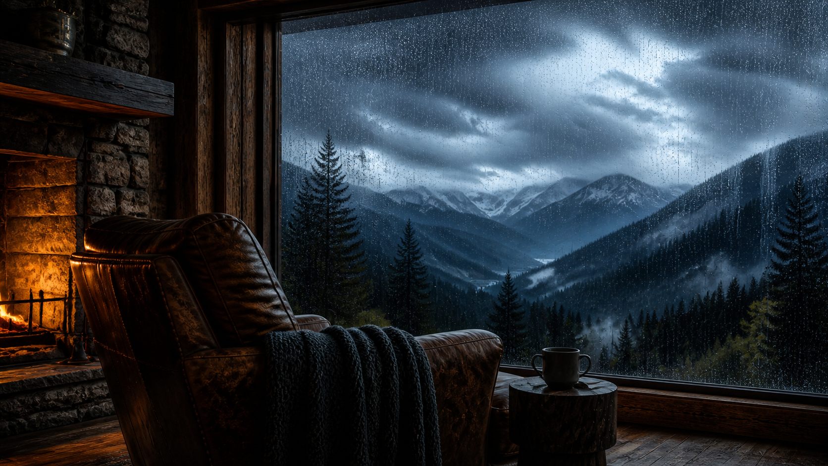 Warm study room beside a storm