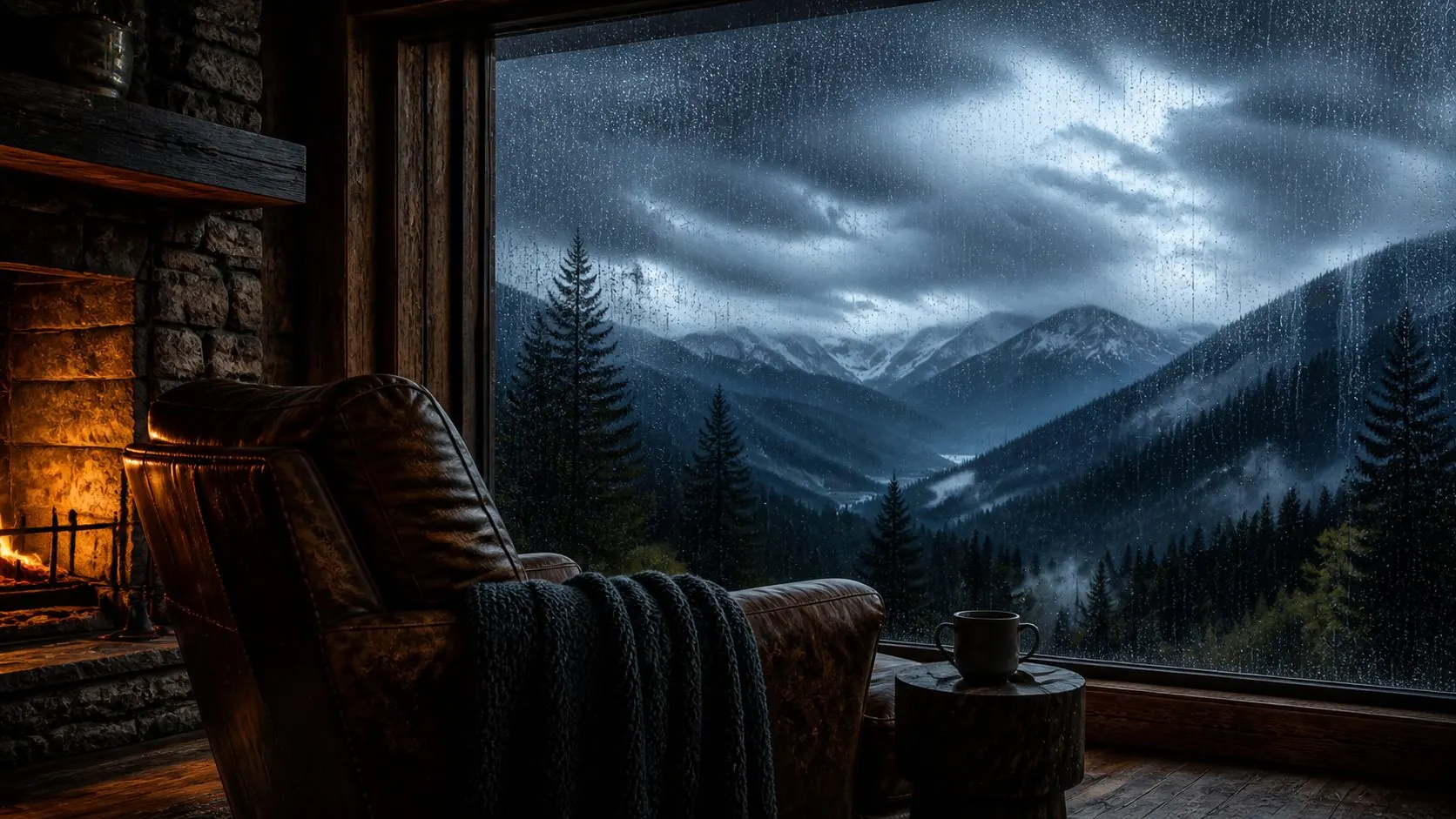 A quiet room for reading while rain falls outside